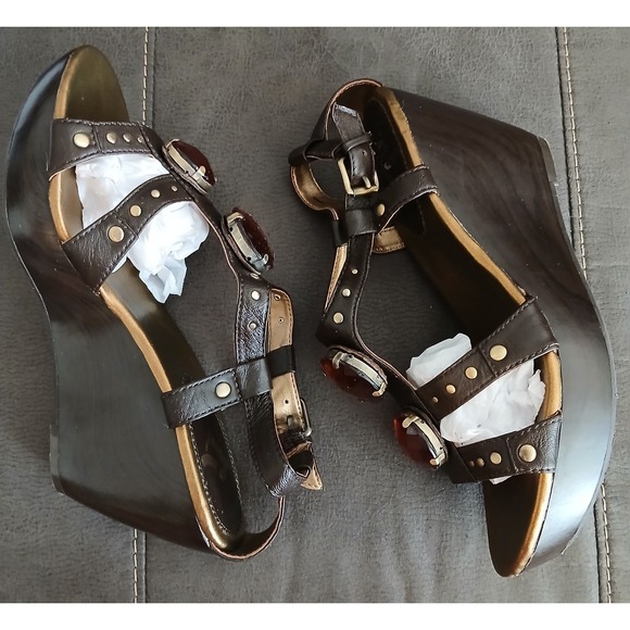 REPORT Brown Strappy Cork Heels Straps, Size 9 M Dressy Shoes Large Gems #1058‎ - Picture 3 of 14